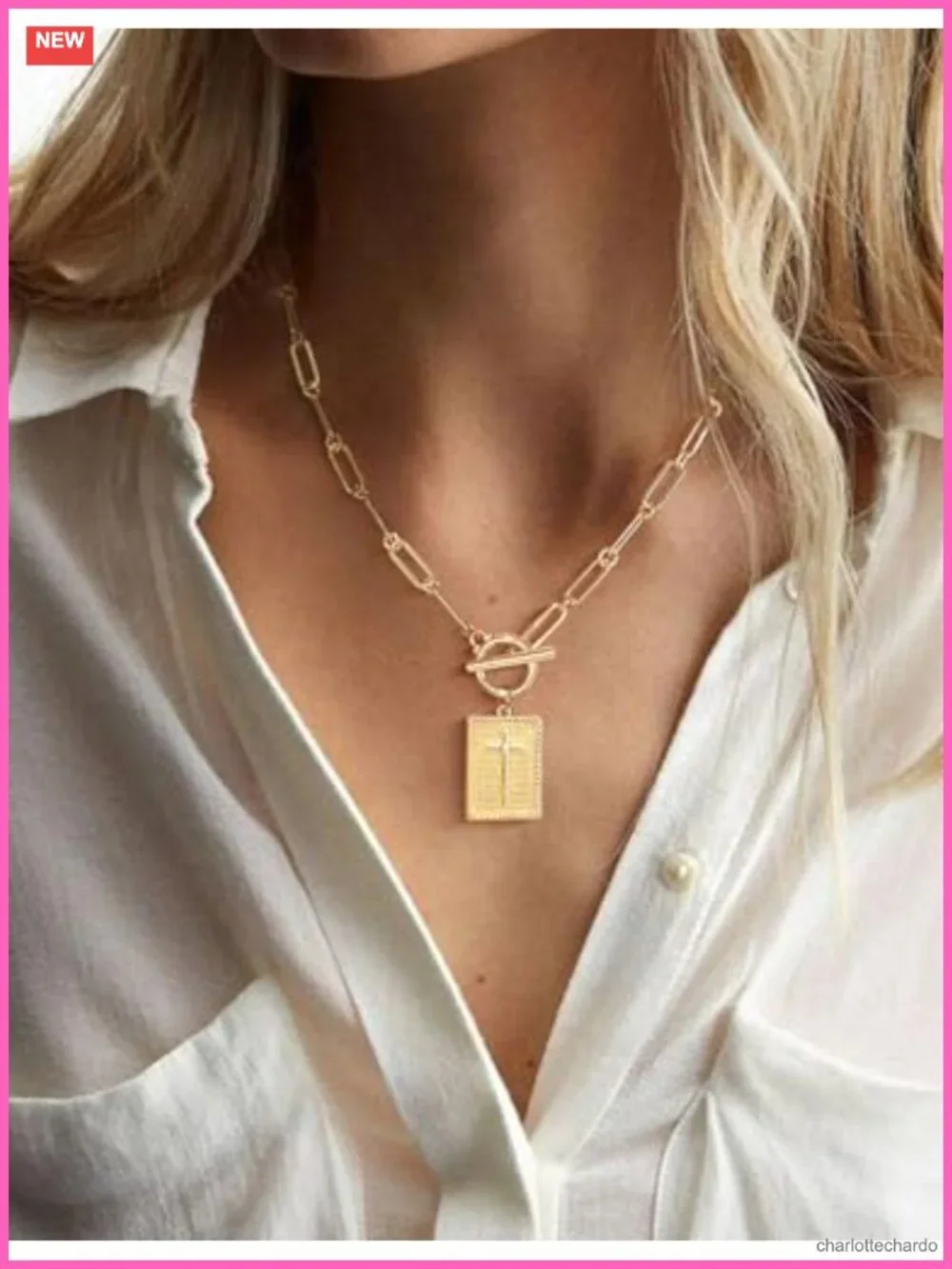 Chunky Gold Plated Cross Pendant Necklace Paperclip Chain Women Jewelry